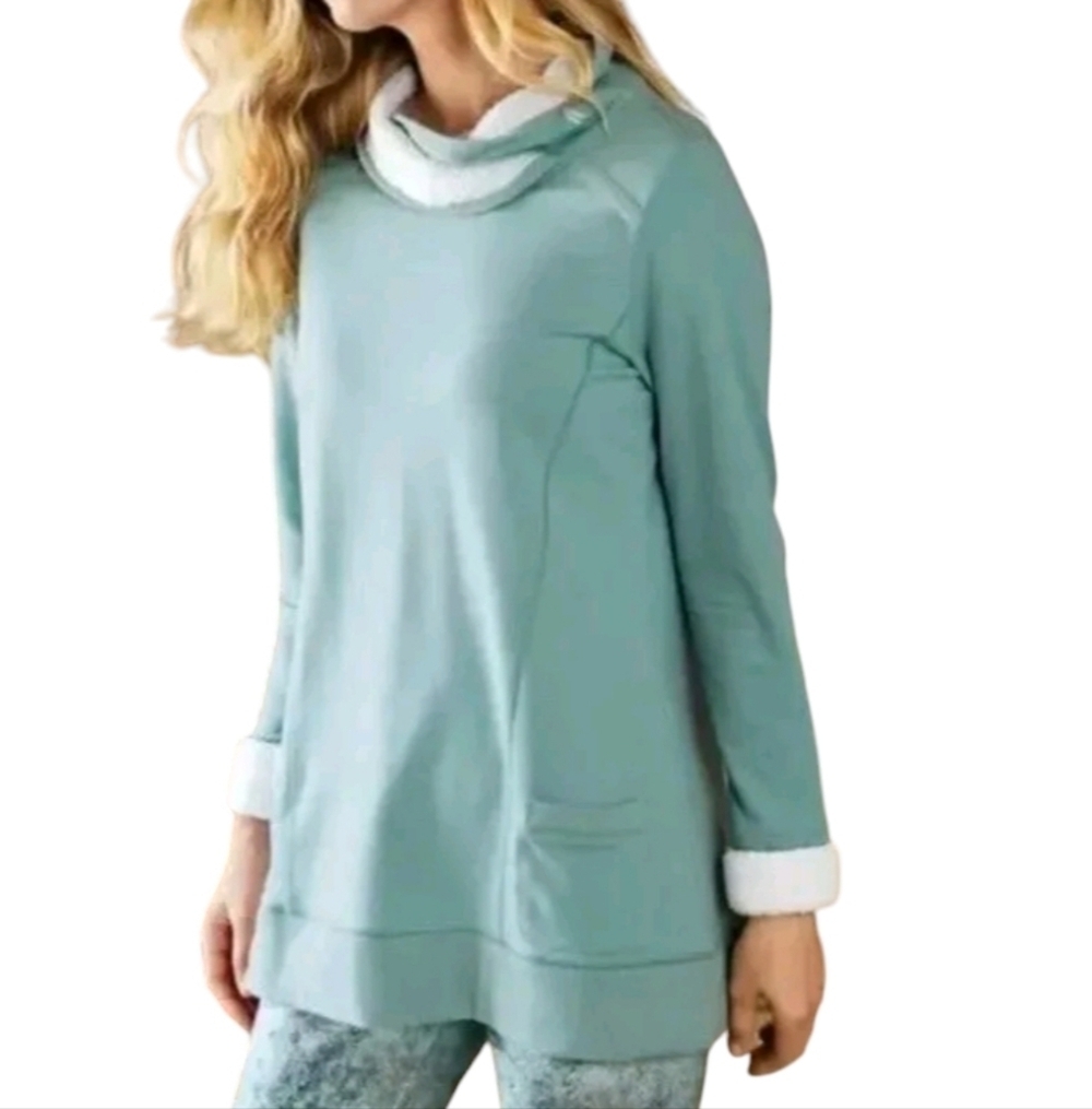 Soft Surroundings Seafoam Forrester Pull Over Tunic Top Fleece Trim Size Large - Picture 1 of 8